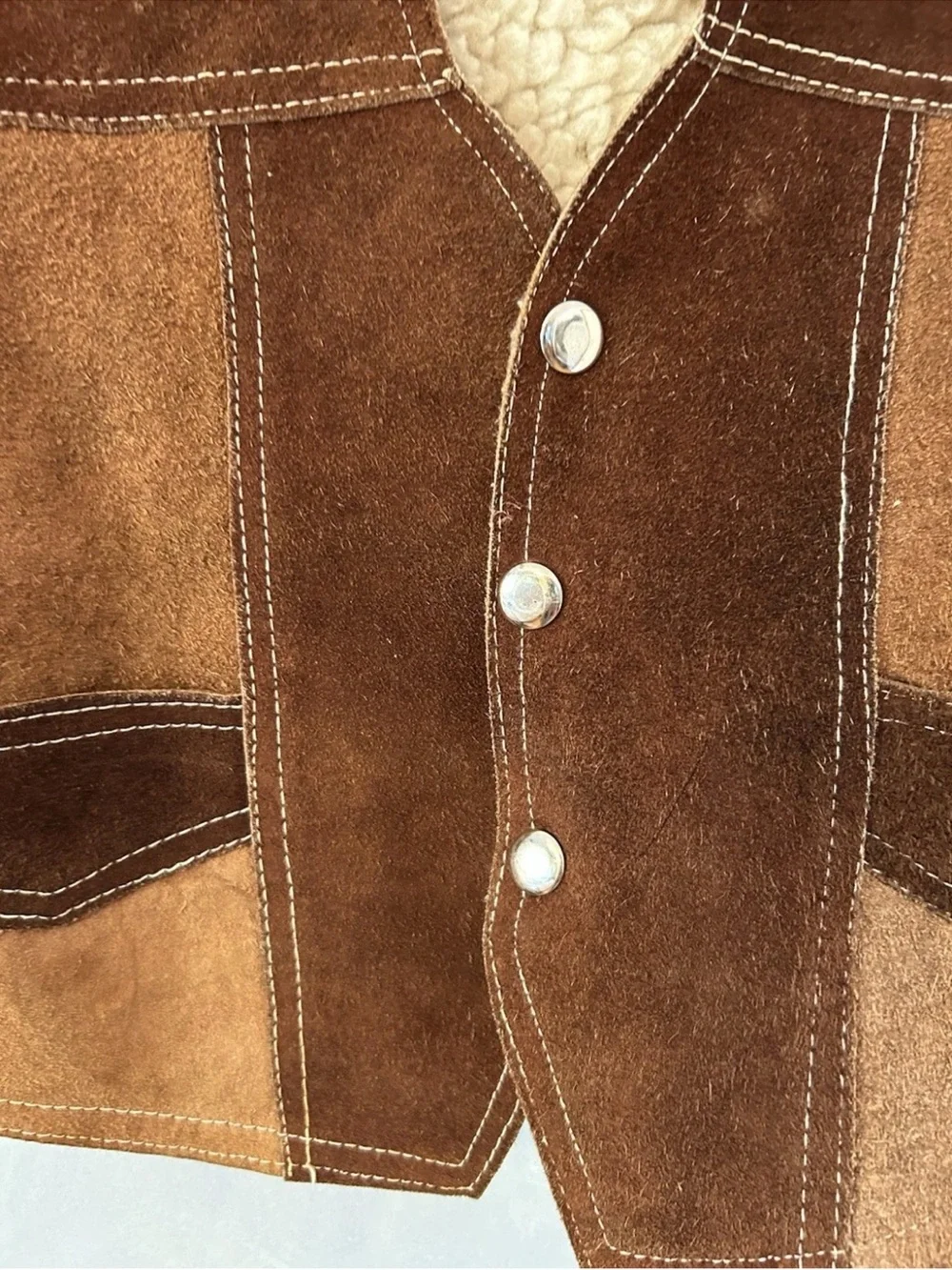 Vintage 70s Kids Suede Leather Sherpa Vest Western Patchwork Mexico Sz 18 M/L